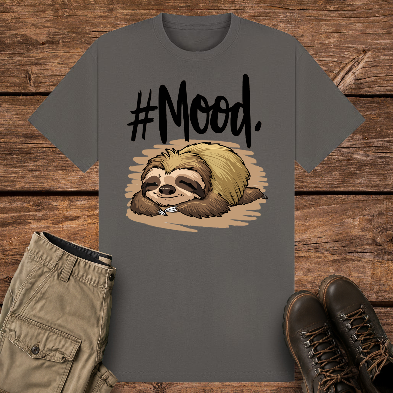 A charcoal-colored graphic t-shirt featuring a detailed cartoon illustration of a brown and tan sloth sleeping flat on its stomach. Above the sloth, bold black brush-script text reads "#Mood."