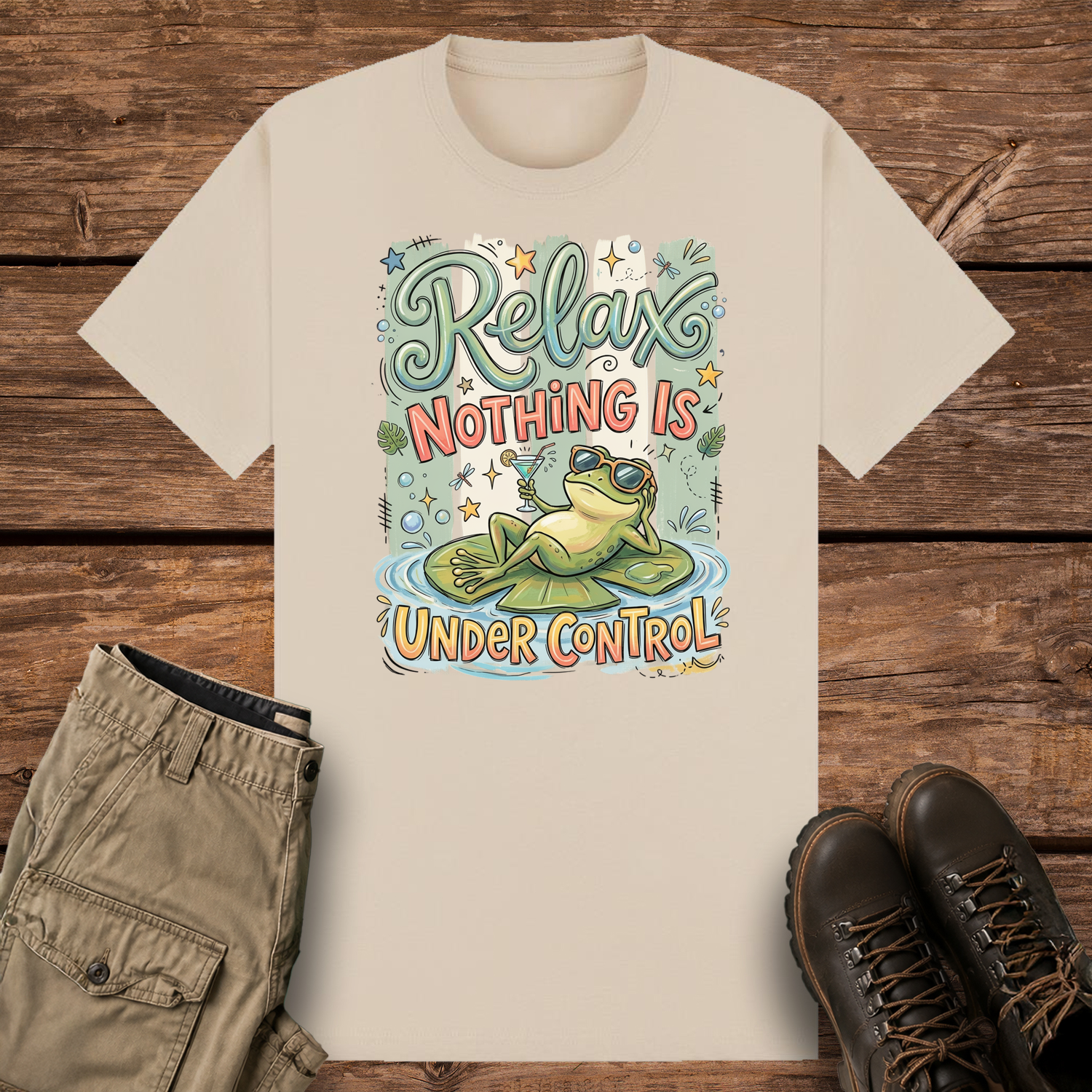 A sand graphic t-shirt featuring a funny illustration of a relaxed green frog wearing sunglasses and holding a drink on a lily pad, surrounded by retro pastel stripes and the text "Relax Nothing Is Under Control''.