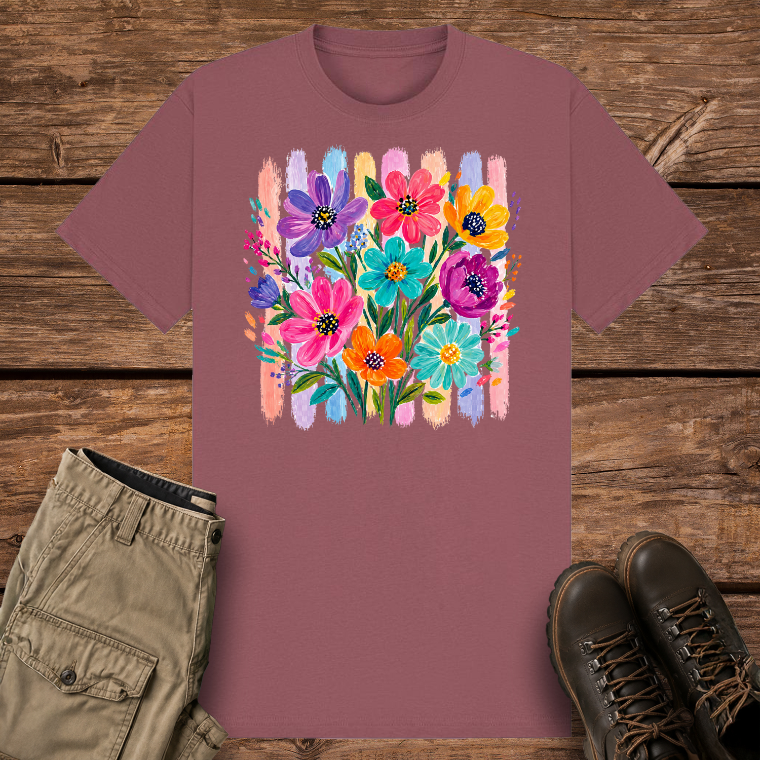 A mauve graphic t-shirt featuring an artistic painted bouquet of vibrant pink, purple, teal, and orange wildflowers. The flowers are layered over a retro background of vertical pastel colored paint brushstrokes.