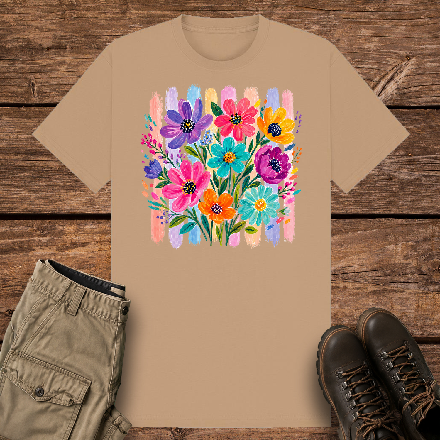 A camel graphic t-shirt featuring an artistic painted bouquet of vibrant pink, purple, teal, and orange wildflowers. The flowers are layered over a retro background of vertical pastel colored paint brushstrokes.