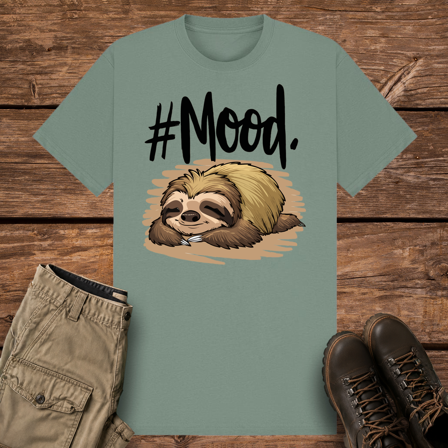A sage-colored graphic t-shirt featuring a detailed cartoon illustration of a brown and tan sloth sleeping flat on its stomach. Above the sloth, bold black brush-script text reads "#Mood."