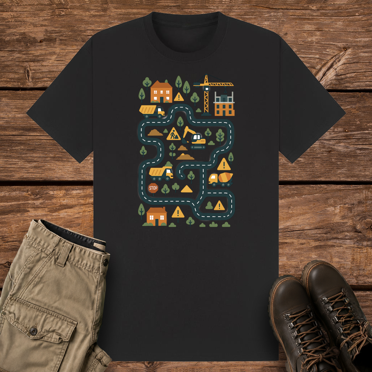 A black graphic t-shirt featuring a colorful illustration of a construction site road map. The design includes winding roads, cartoon dump trucks, an excavator, a crane, houses, trees, and yellow warning signs in a playful vector style.