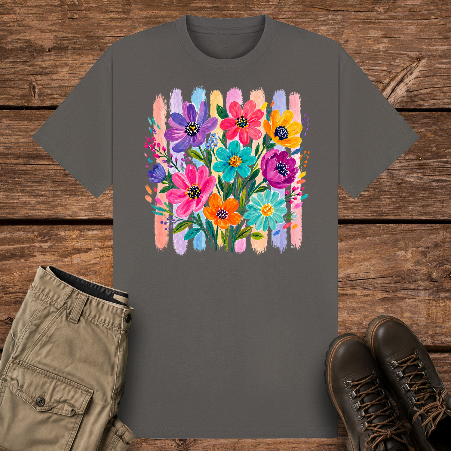 A charcoal graphic t-shirt featuring an artistic painted bouquet of vibrant pink, purple, teal, and orange wildflowers. The flowers are layered over a retro background of vertical pastel colored paint brushstrokes.
