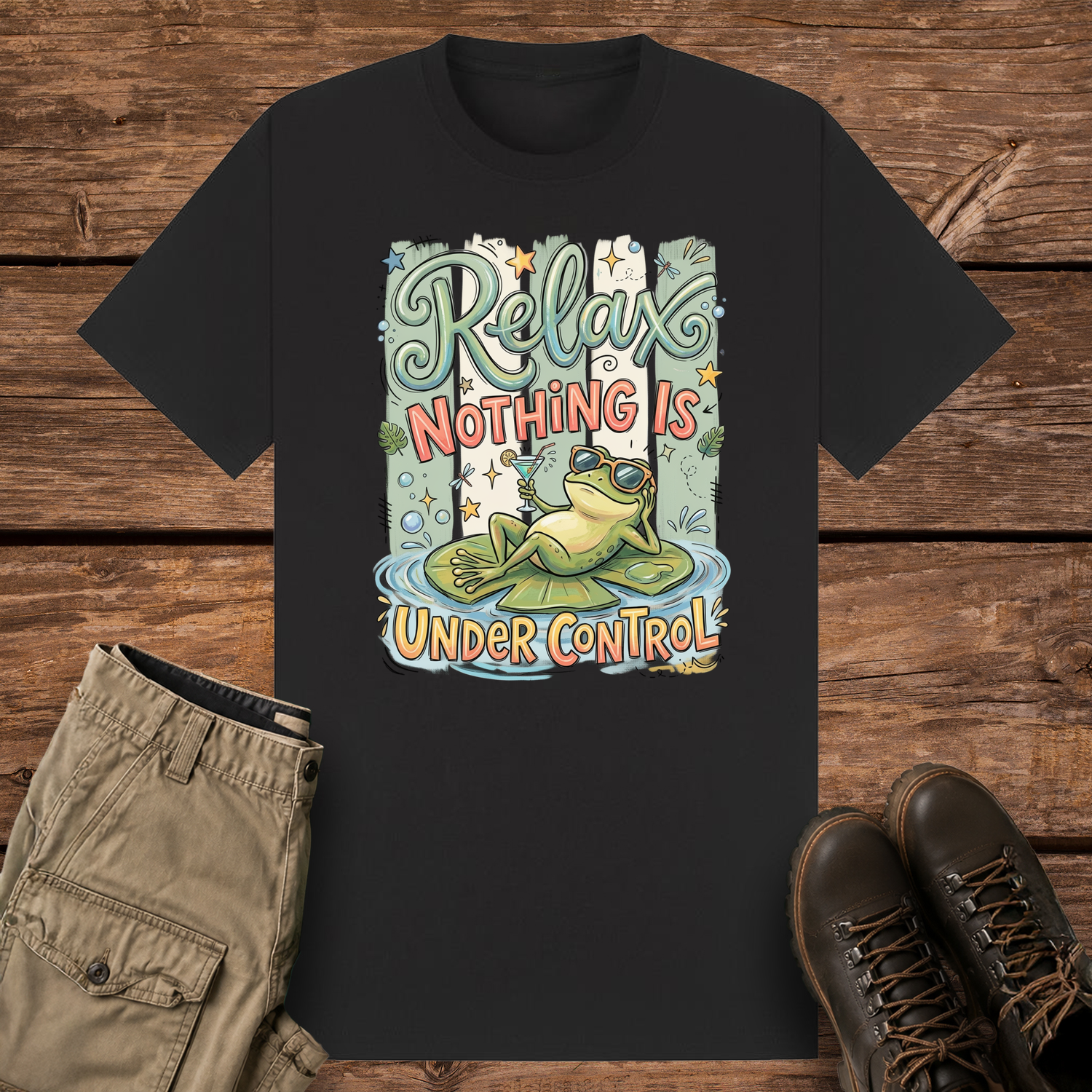 A black graphic t-shirt featuring a funny illustration of a relaxed green frog wearing sunglasses and holding a drink on a lily pad, surrounded by retro pastel stripes and the text "Relax Nothing Is Under Control''.
