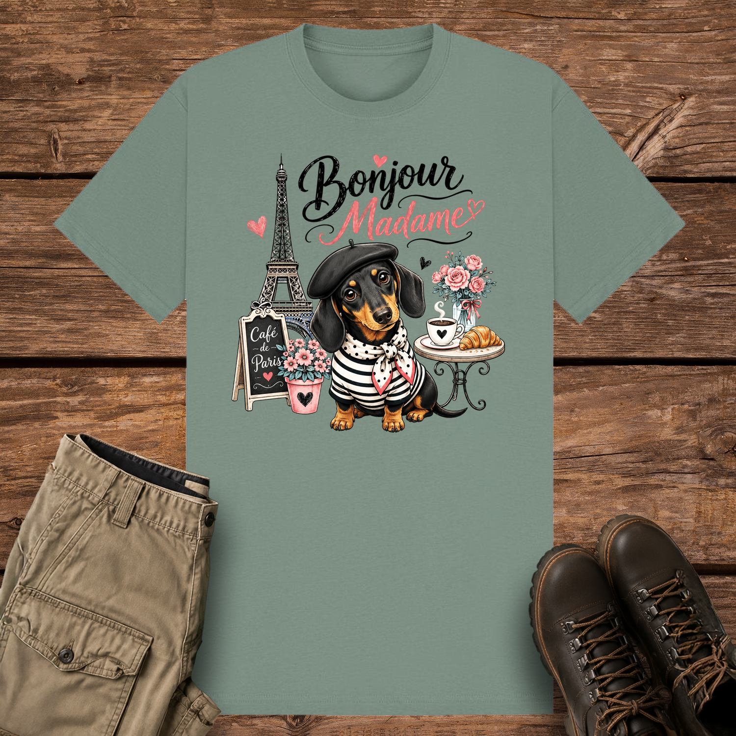 A sage-colored graphic t-shirt featuring a cute illustration of a black and tan dachshund dog wearing a beret and striped shirt in Paris. The design includes the Eiffel Tower, a café table with coffee, and the text "Bonjour Madame" with pink hearts.