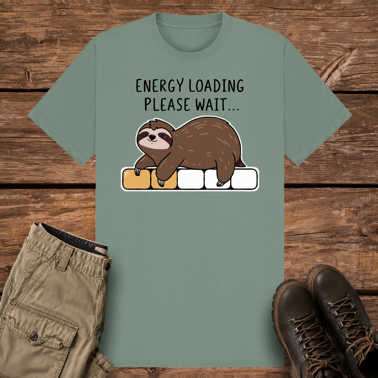 A sage-colored graphic t-shirt featuring a cute cartoon illustration of a brown sloth lying face down on a progress loading bar that is only partially filled with yellow. Above the design, black text reads "ENERGY LOADING PLEASE WAIT..."