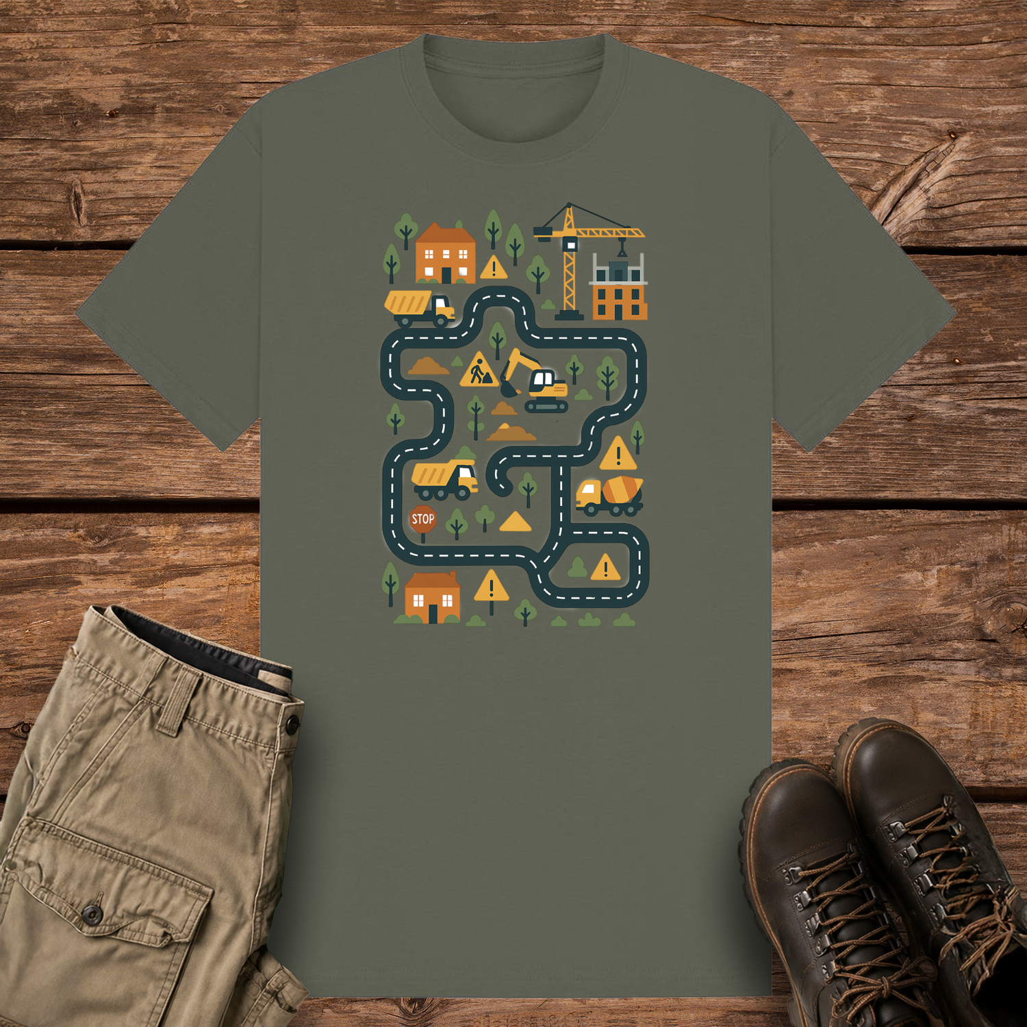 A khaki olive graphic t-shirt featuring a colorful illustration of a construction site road map. The design includes winding roads, cartoon dump trucks, an excavator, a crane, houses, trees, and yellow warning signs in a playful vector style.
