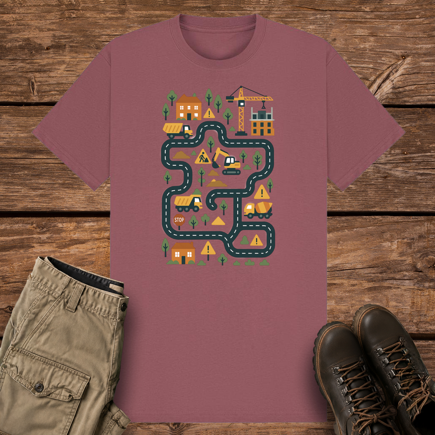 A mauve graphic t-shirt featuring a colorful illustration of a construction site road map. The design includes winding roads, cartoon dump trucks, an excavator, a crane, houses, trees, and yellow warning signs in a playful vector style.