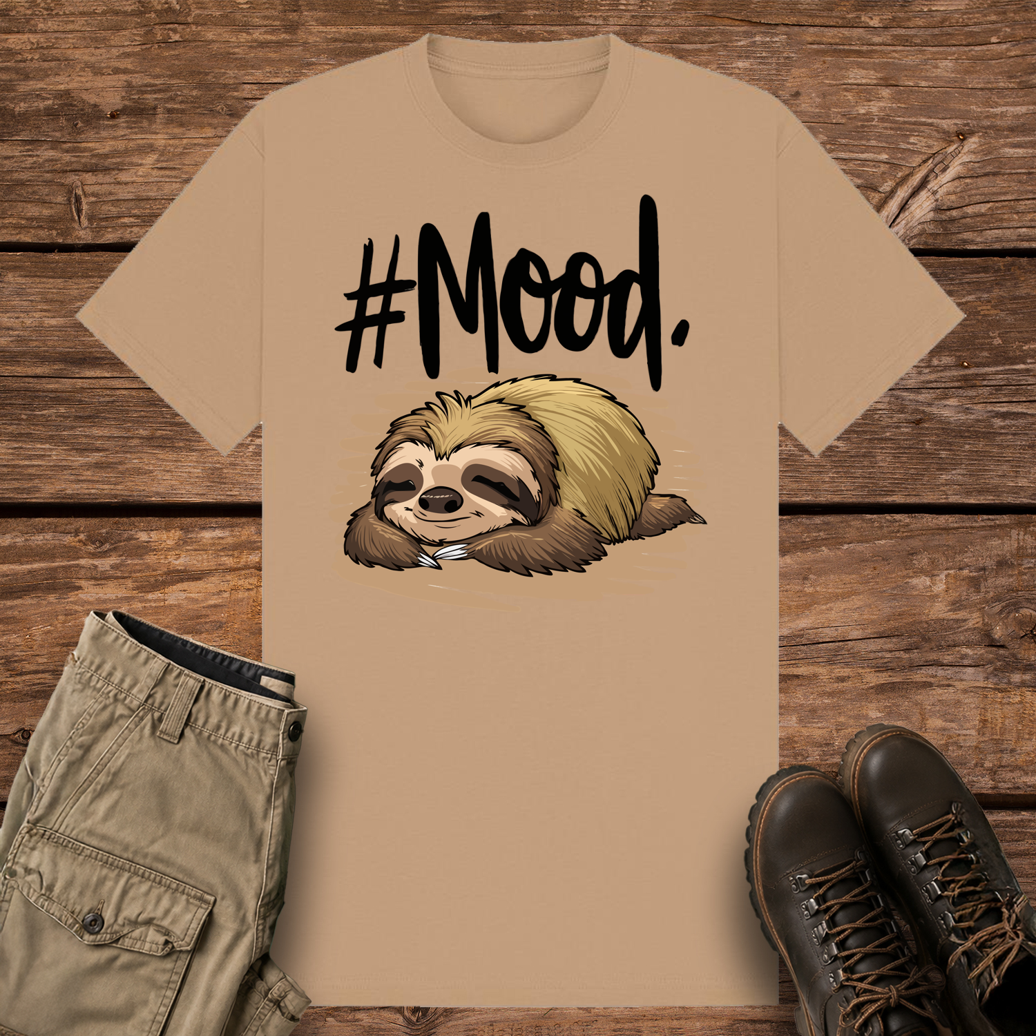 A camel-colored graphic t-shirt featuring a detailed cartoon illustration of a brown and tan sloth sleeping flat on its stomach. Above the sloth, bold black brush-script text reads "#Mood."