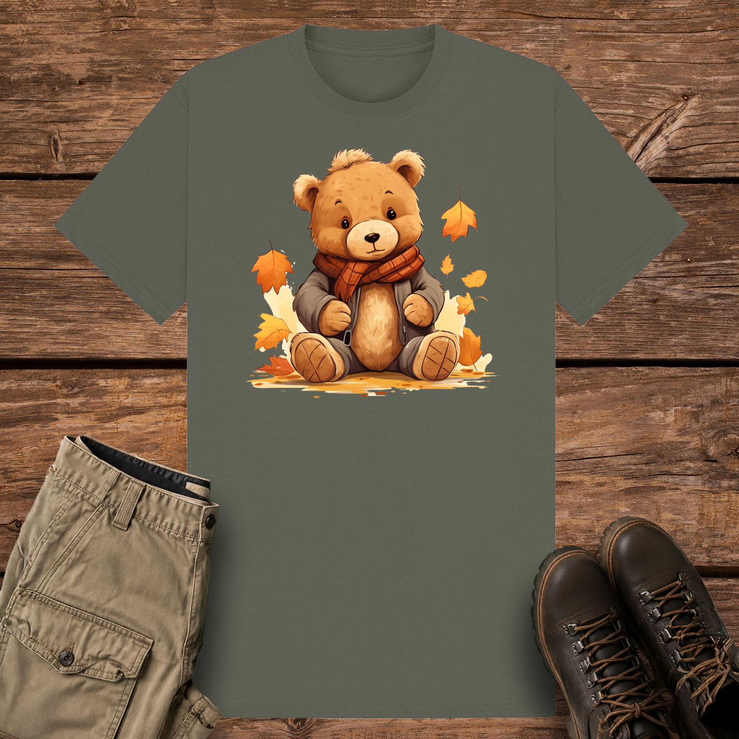 A khaki olive graphic t-shirt featuring a cute cartoon illustration of a fluffy brown teddy bear wearing a grey winter jacket and an orange plaid scarf. The bear is sitting surrounded by falling orange and yellow autumn leaves.
