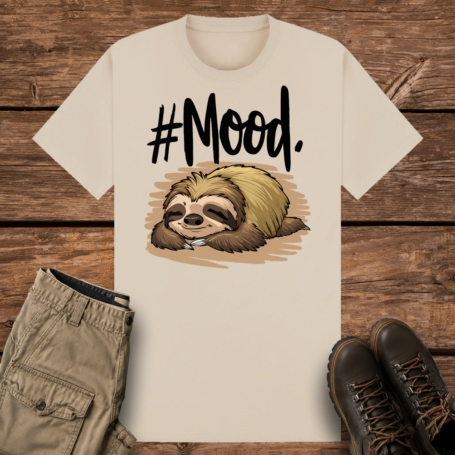 A sand-colored graphic t-shirt featuring a detailed cartoon illustration of a brown and tan sloth sleeping flat on its stomach. Above the sloth, bold black brush-script text reads "#Mood."