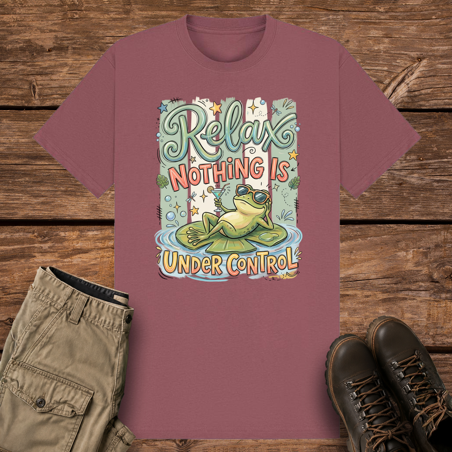 A mauve graphic t-shirt featuring a funny illustration of a relaxed green frog wearing sunglasses and holding a drink on a lily pad, surrounded by retro pastel stripes and the text "Relax Nothing Is Under Control''.