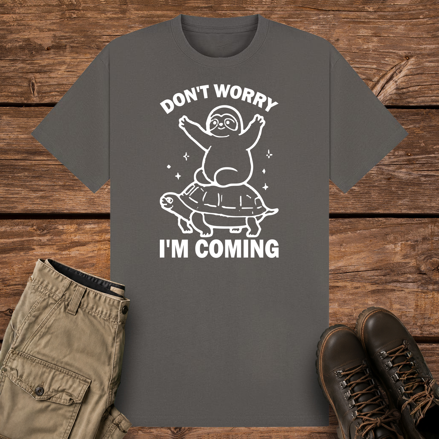 A charcoal graphic t-shirt featuring a minimalist white line art design of a cute cartoon sloth sitting on top of a sea turtle's shell. The text reads "DON'T WORRY" at the top and "I'M COMING" at the bottom.