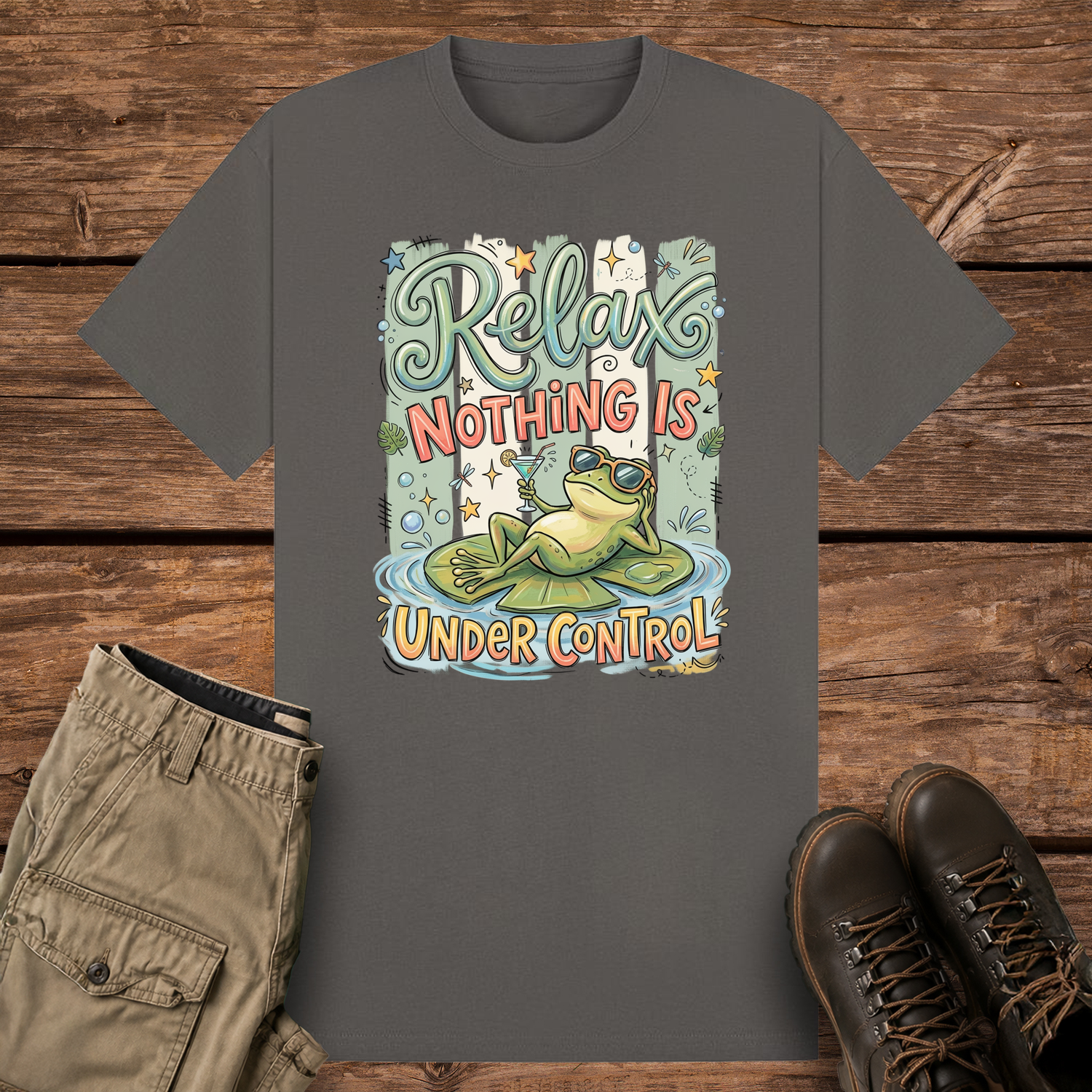 A charcoal graphic t-shirt featuring a funny illustration of a relaxed green frog wearing sunglasses and holding a drink on a lily pad, surrounded by retro pastel stripes and the text "Relax Nothing Is Under Control''.