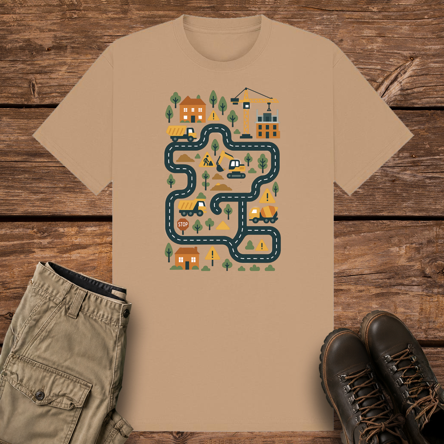 A camel graphic t-shirt featuring a colorful illustration of a construction site road map. The design includes winding roads, cartoon dump trucks, an excavator, a crane, houses, trees, and yellow warning signs in a playful vector style.