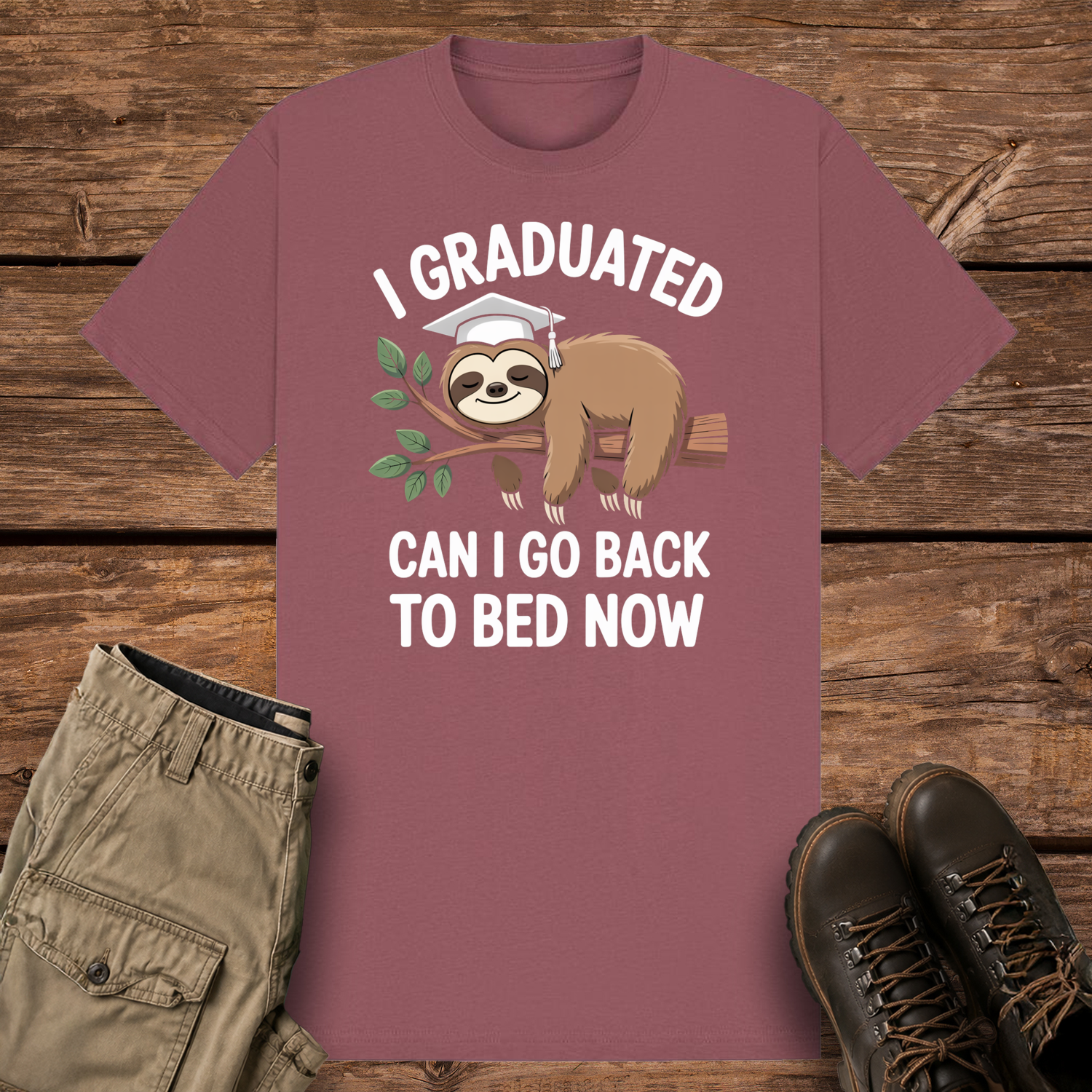 A mauve graphic t-shirt featuring a cute cartoon illustration of a brown sloth wearing a white graduation cap while sleeping on a leafy tree branch. The white text reads "I GRADUATED" at the top and "CAN I GO BACK TO BED NOW" below.