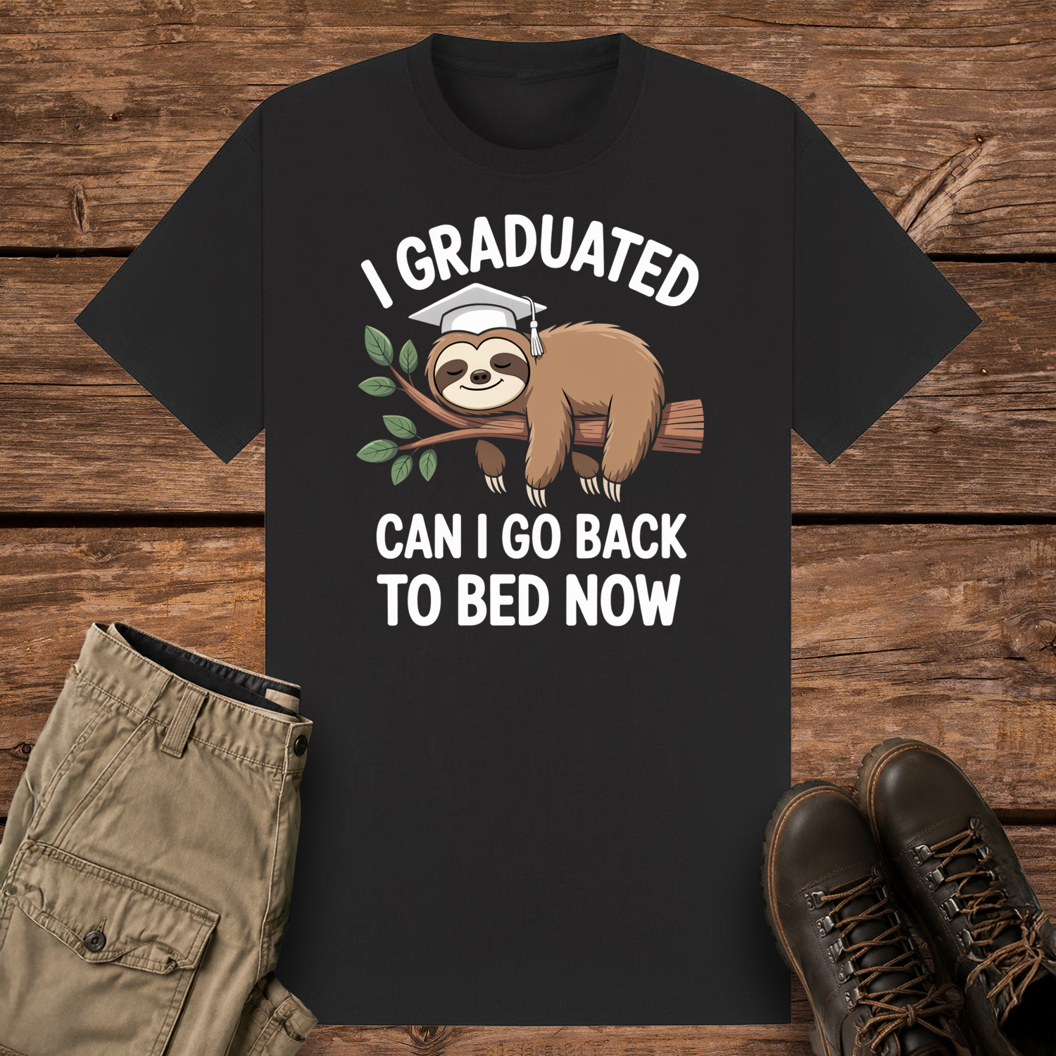 A black graphic t-shirt featuring a cute cartoon illustration of a brown sloth wearing a white graduation cap while sleeping on a leafy tree branch. The white text reads "I GRADUATED" at the top and "CAN I GO BACK TO BED NOW" below.