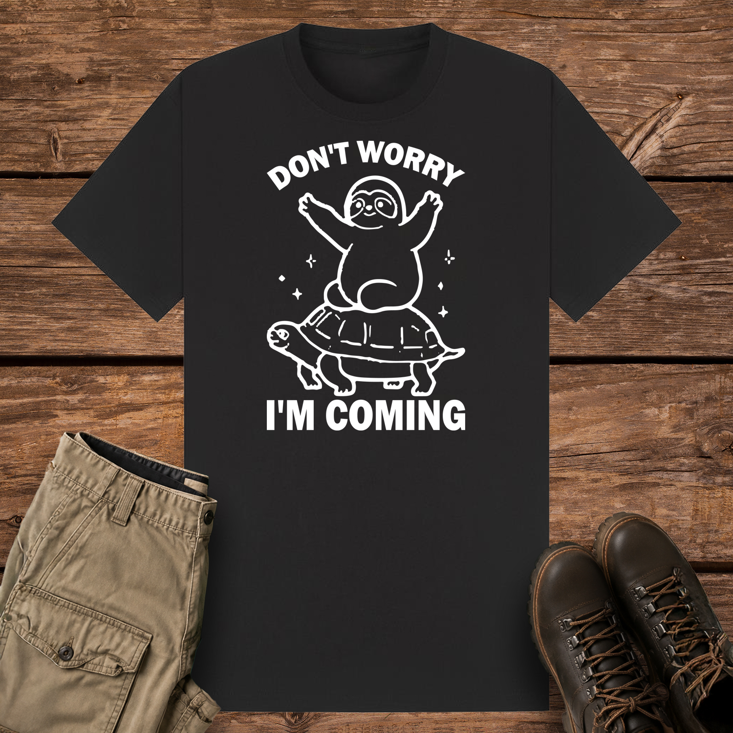 A black graphic t-shirt featuring a minimalist white line art design of a cute cartoon sloth sitting on top of a sea turtle's shell. The text reads "DON'T WORRY" at the top and "I'M COMING" at the bottom.