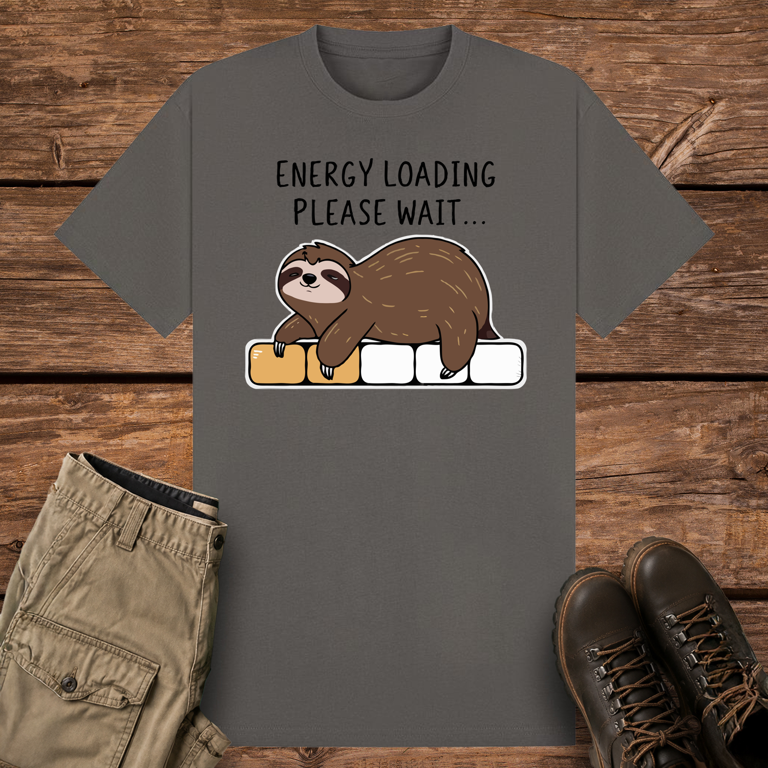 A charcoal-colored graphic t-shirt featuring a cute cartoon illustration of a brown sloth lying face down on a progress loading bar that is only partially filled with yellow. Above the design, black text reads "ENERGY LOADING PLEASE WAIT..."