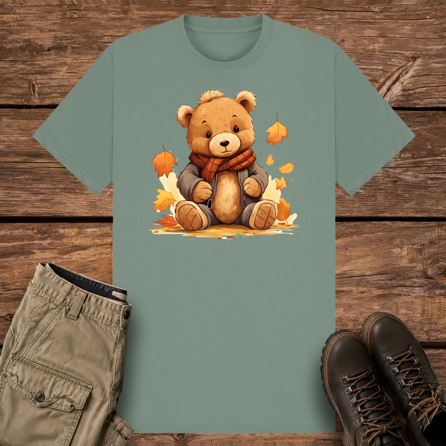 A sage graphic t-shirt featuring a cute cartoon illustration of a fluffy brown teddy bear wearing a grey winter jacket and an orange plaid scarf. The bear is sitting surrounded by falling orange and yellow autumn leaves.