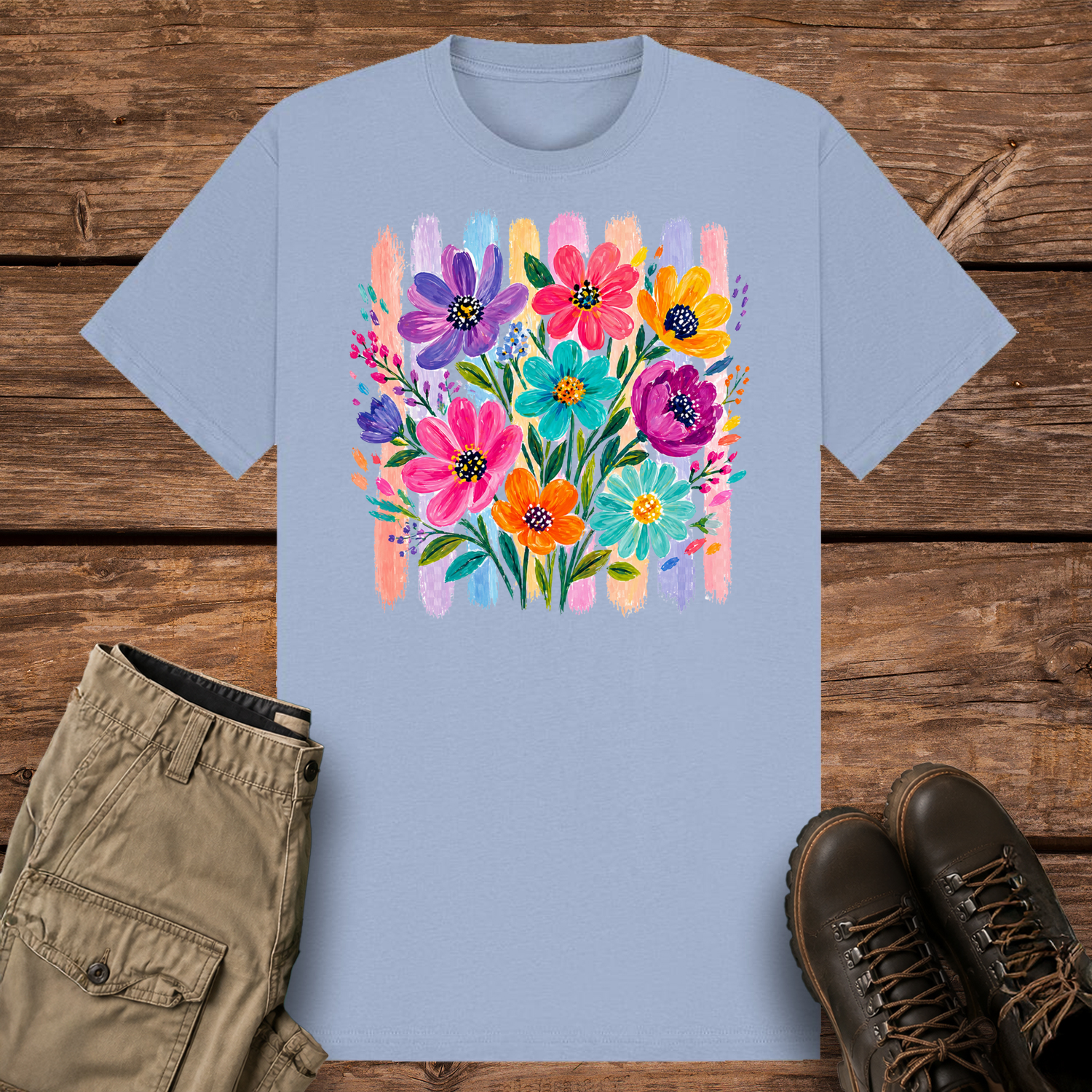 A pastel blue graphic t-shirt featuring an artistic painted bouquet of vibrant pink, purple, teal, and orange wildflowers. The flowers are layered over a retro background of vertical pastel colored paint brushstrokes.