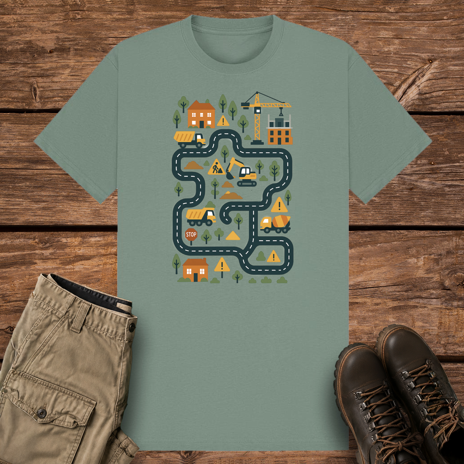 A sage graphic t-shirt featuring a colorful illustration of a construction site road map. The design includes winding roads, cartoon dump trucks, an excavator, a crane, houses, trees, and yellow warning signs in a playful vector style.