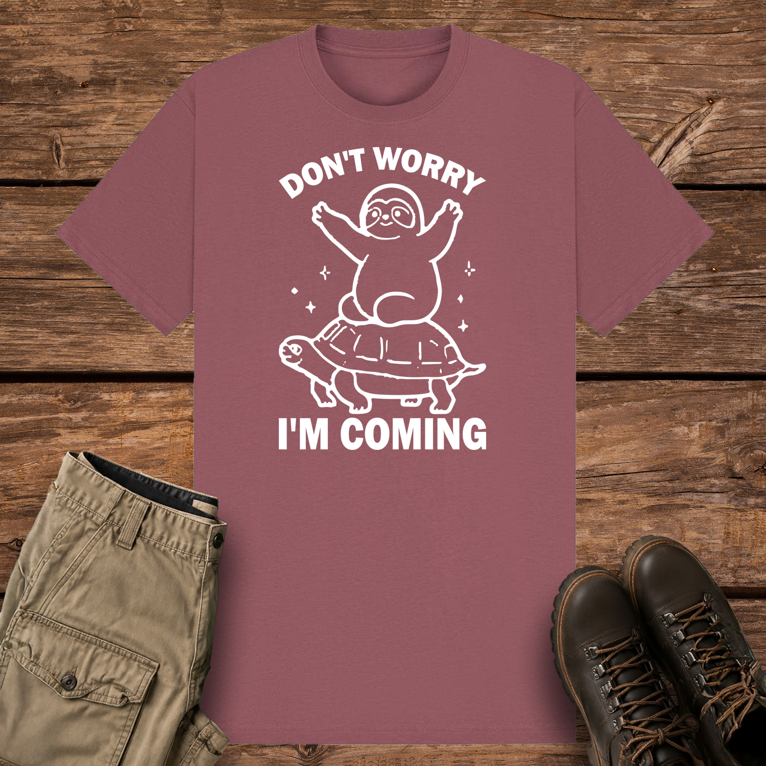 A mauve graphic t-shirt featuring a minimalist white line art design of a cute cartoon sloth sitting on top of a sea turtle's shell. The text reads "DON'T WORRY" at the top and "I'M COMING" at the bottom.