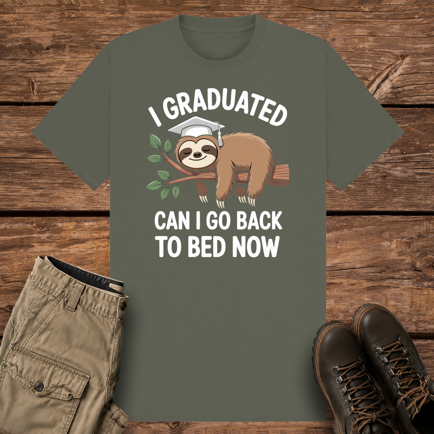 A khaki olive graphic t-shirt featuring a cute cartoon illustration of a brown sloth wearing a white graduation cap while sleeping on a leafy tree branch. The white text reads "I GRADUATED" at the top and "CAN I GO BACK TO BED NOW" below.