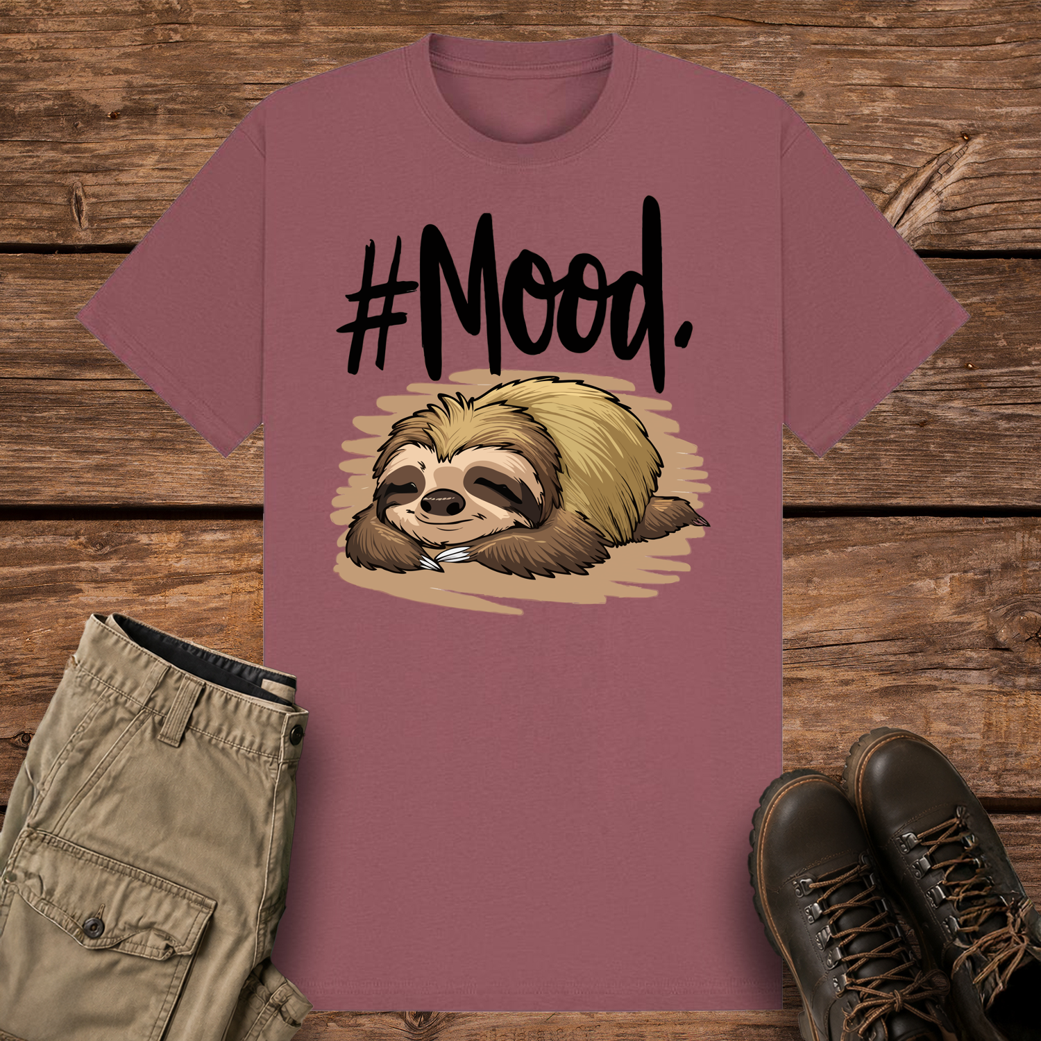 A mauve-colored graphic t-shirt featuring a detailed cartoon illustration of a brown and tan sloth sleeping flat on its stomach. Above the sloth, bold black brush-script text reads "#Mood."