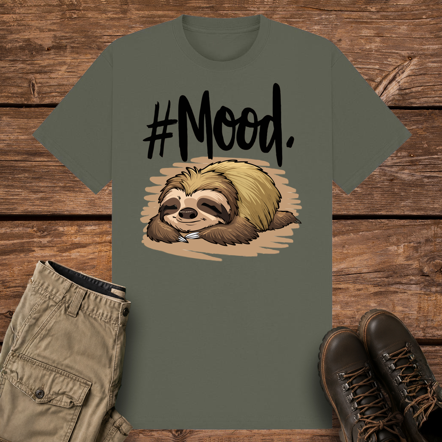 A khaki olive-colored graphic t-shirt featuring a detailed cartoon illustration of a brown and tan sloth sleeping flat on its stomach. Above the sloth, bold black brush-script text reads "#Mood."