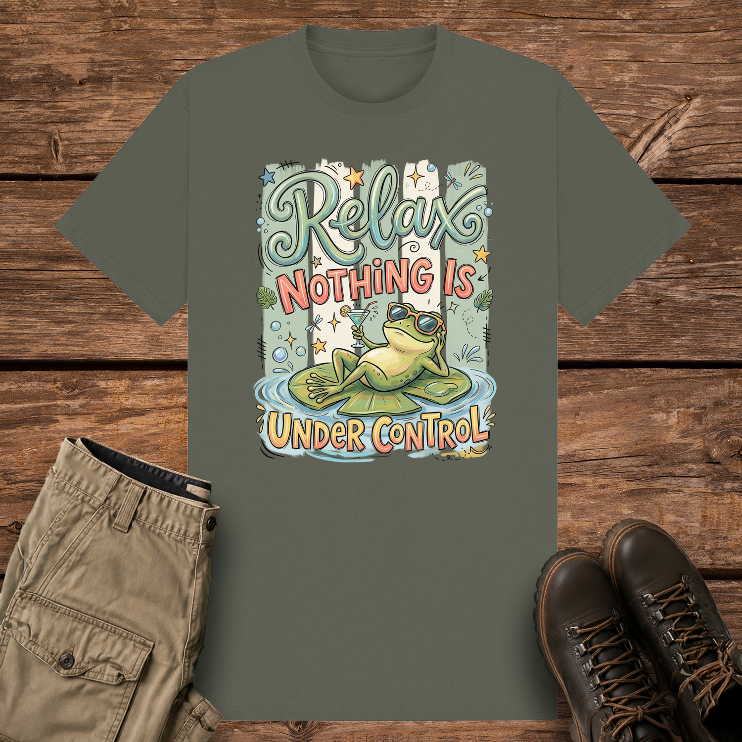 A khaki olive graphic t-shirt featuring a funny illustration of a relaxed green frog wearing sunglasses and holding a drink on a lily pad, surrounded by retro pastel stripes and the text "Relax Nothing Is Under Control''.