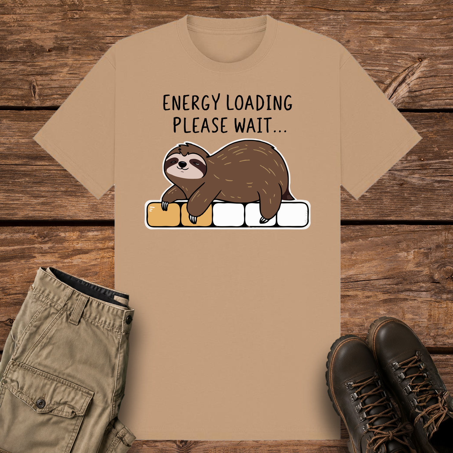A camel-colored graphic t-shirt featuring a cute cartoon illustration of a brown sloth lying face down on a progress loading bar that is only partially filled with yellow. Above the design, black text reads "ENERGY LOADING PLEASE WAIT..."