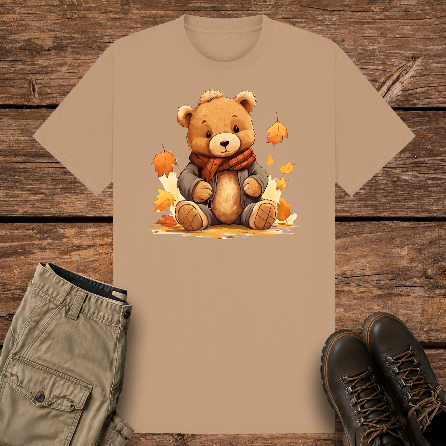 A camel graphic t-shirt featuring a cute cartoon illustration of a fluffy brown teddy bear wearing a grey winter jacket and an orange plaid scarf. The bear is sitting surrounded by falling orange and yellow autumn leaves.