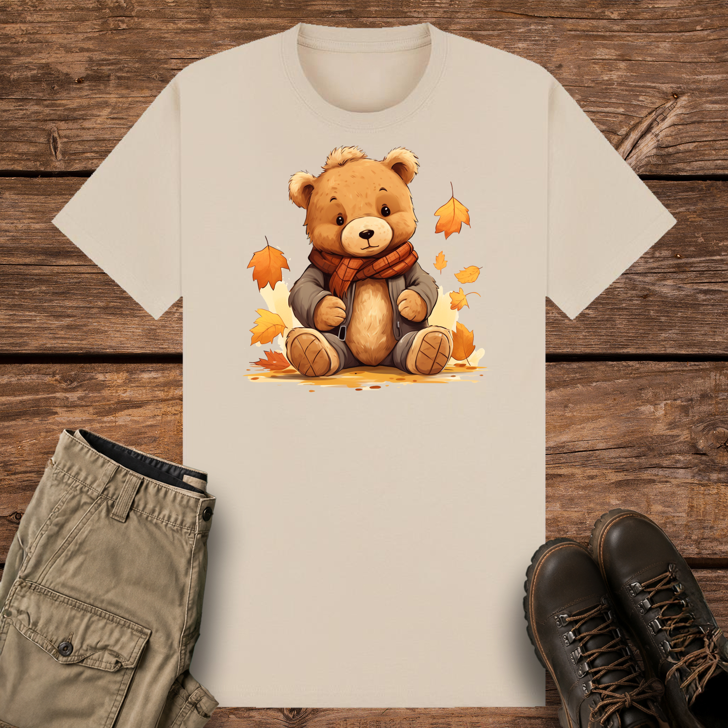 A sand graphic t-shirt featuring a cute cartoon illustration of a fluffy brown teddy bear wearing a grey winter jacket and an orange plaid scarf. The bear is sitting surrounded by falling orange and yellow autumn leaves.