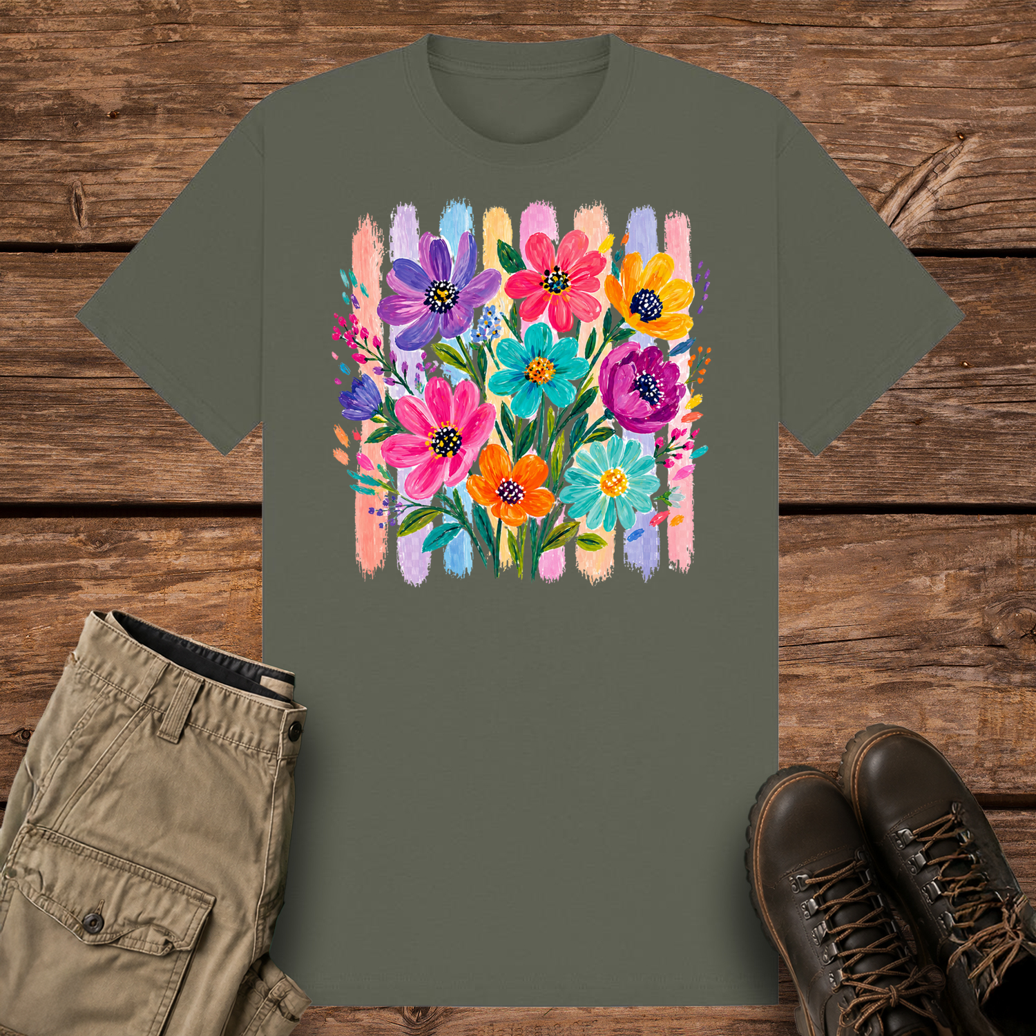 A khaki olive graphic t-shirt featuring an artistic painted bouquet of vibrant pink, purple, teal, and orange wildflowers. The flowers are layered over a retro background of vertical pastel colored paint brushstrokes.
