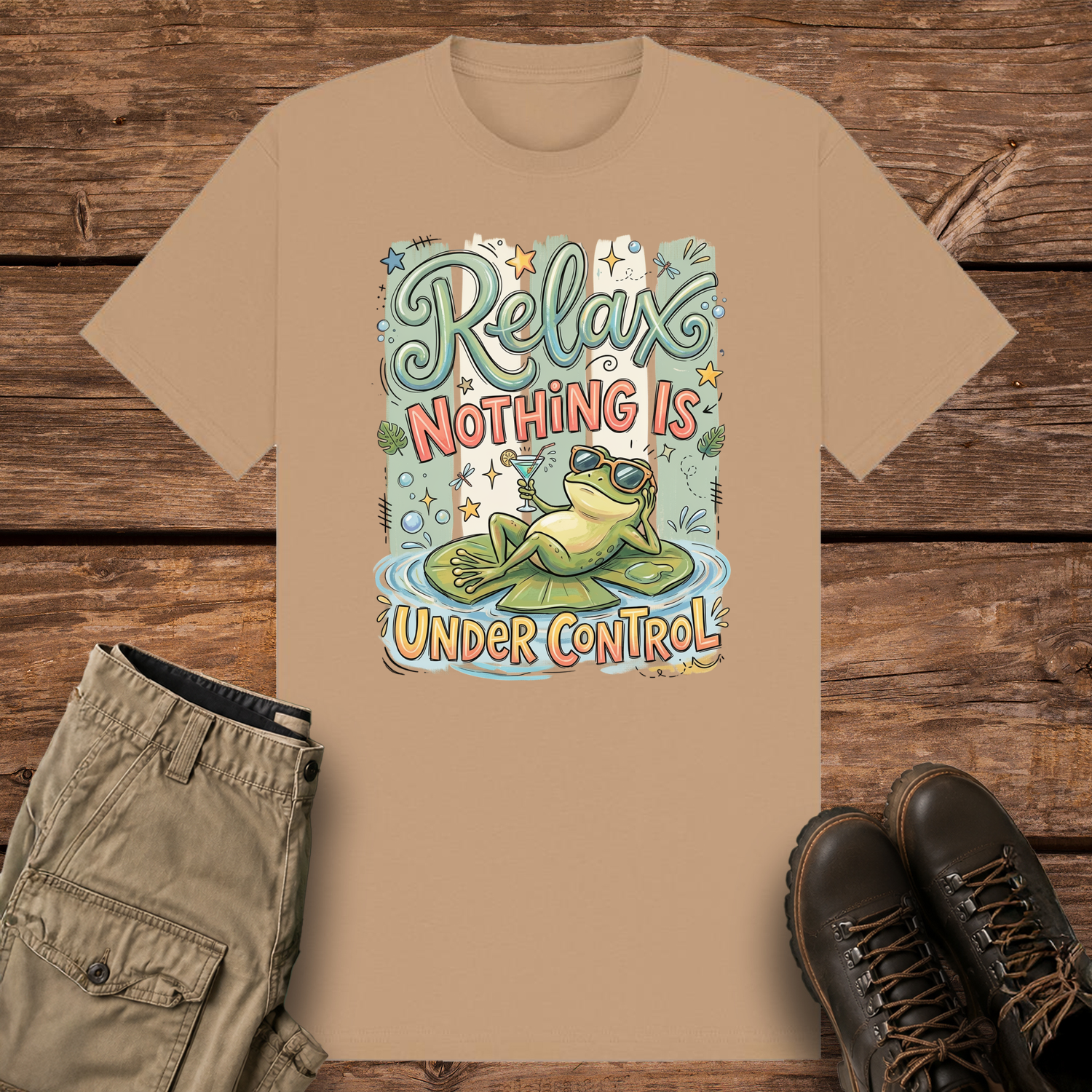 A camel graphic t-shirt featuring a funny illustration of a relaxed green frog wearing sunglasses and holding a drink on a lily pad, surrounded by retro pastel stripes and the text "Relax Nothing Is Under Control''.