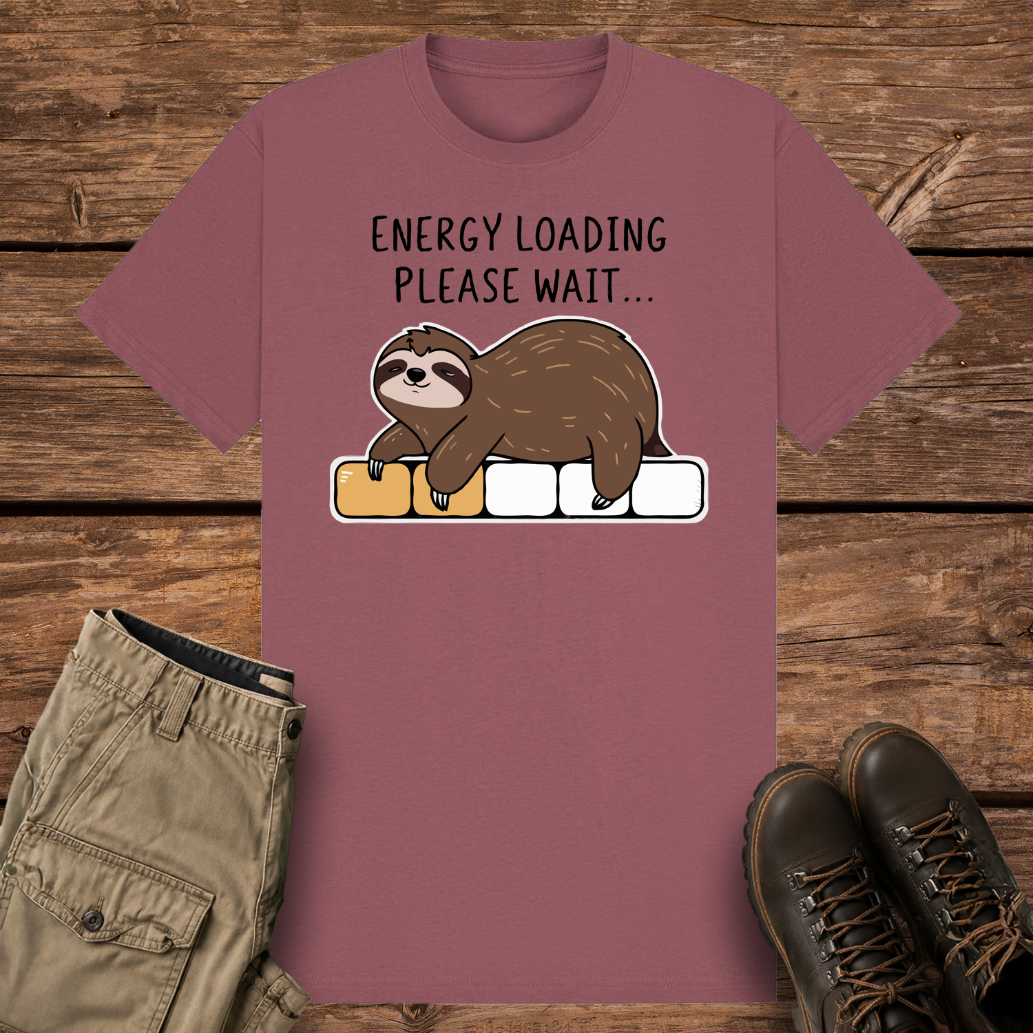 A mauve-colored graphic t-shirt featuring a cute cartoon illustration of a brown sloth lying face down on a progress loading bar that is only partially filled with yellow. Above the design, black text reads "ENERGY LOADING PLEASE WAIT..."