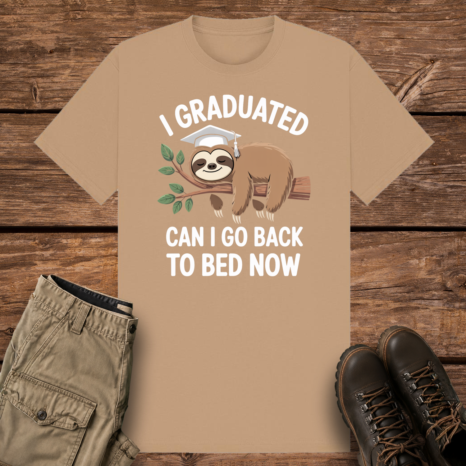 A camel graphic t-shirt featuring a cute cartoon illustration of a brown sloth wearing a white graduation cap while sleeping on a leafy tree branch. The white text reads "I GRADUATED" at the top and "CAN I GO BACK TO BED NOW" below.