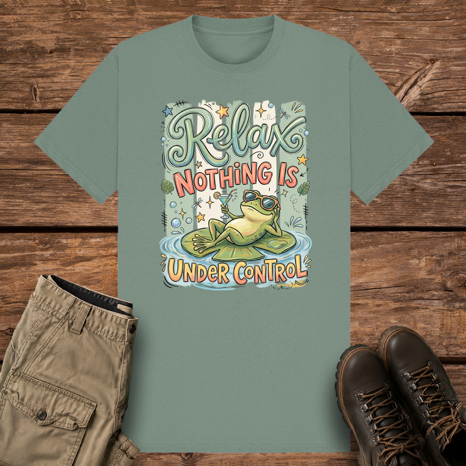 A sage graphic t-shirt featuring a funny illustration of a relaxed green frog wearing sunglasses and holding a drink on a lily pad, surrounded by retro pastel stripes and the text "Relax Nothing Is Under Control''.