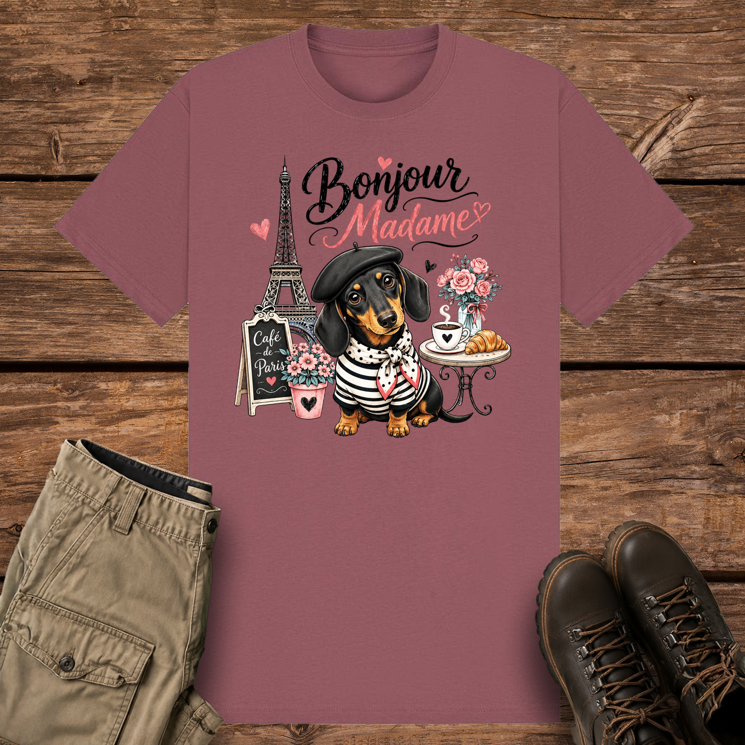 A mauve-colored graphic t-shirt featuring a cute illustration of a black and tan dachshund dog wearing a beret and striped shirt in Paris. The design includes the Eiffel Tower, a café table with coffee, and the text "Bonjour Madame" with pink hearts.