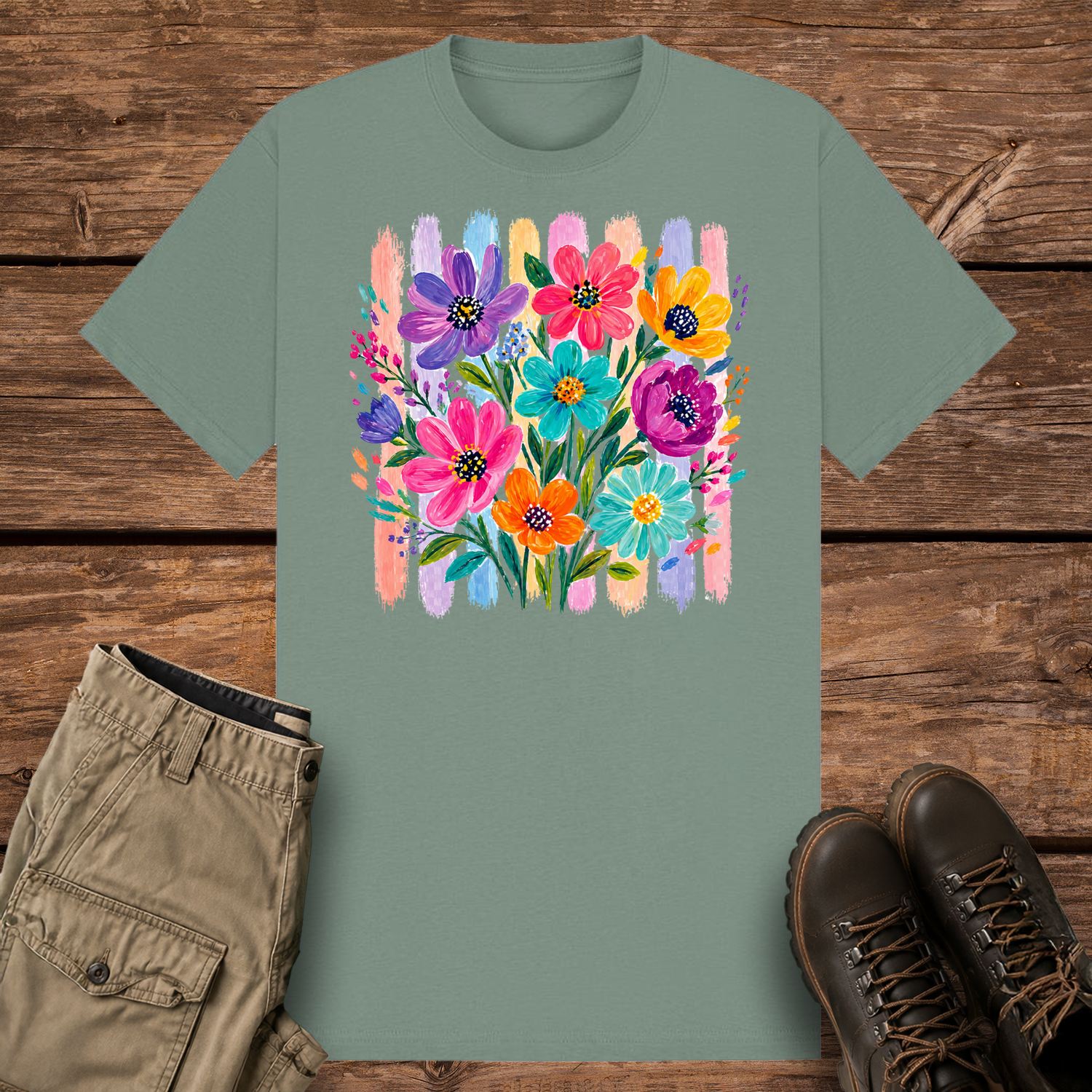 A sage graphic t-shirt featuring an artistic painted bouquet of vibrant pink, purple, teal, and orange wildflowers. The flowers are layered over a retro background of vertical pastel colored paint brushstrokes.