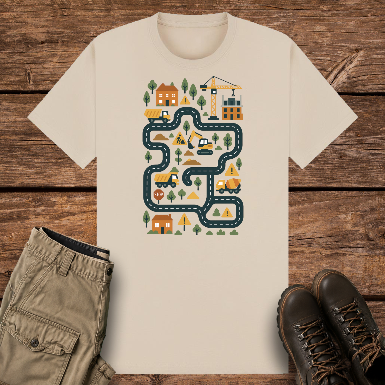 A sand graphic t-shirt featuring a colorful illustration of a construction site road map. The design includes winding roads, cartoon dump trucks, an excavator, a crane, houses, trees, and yellow warning signs in a playful vector style.