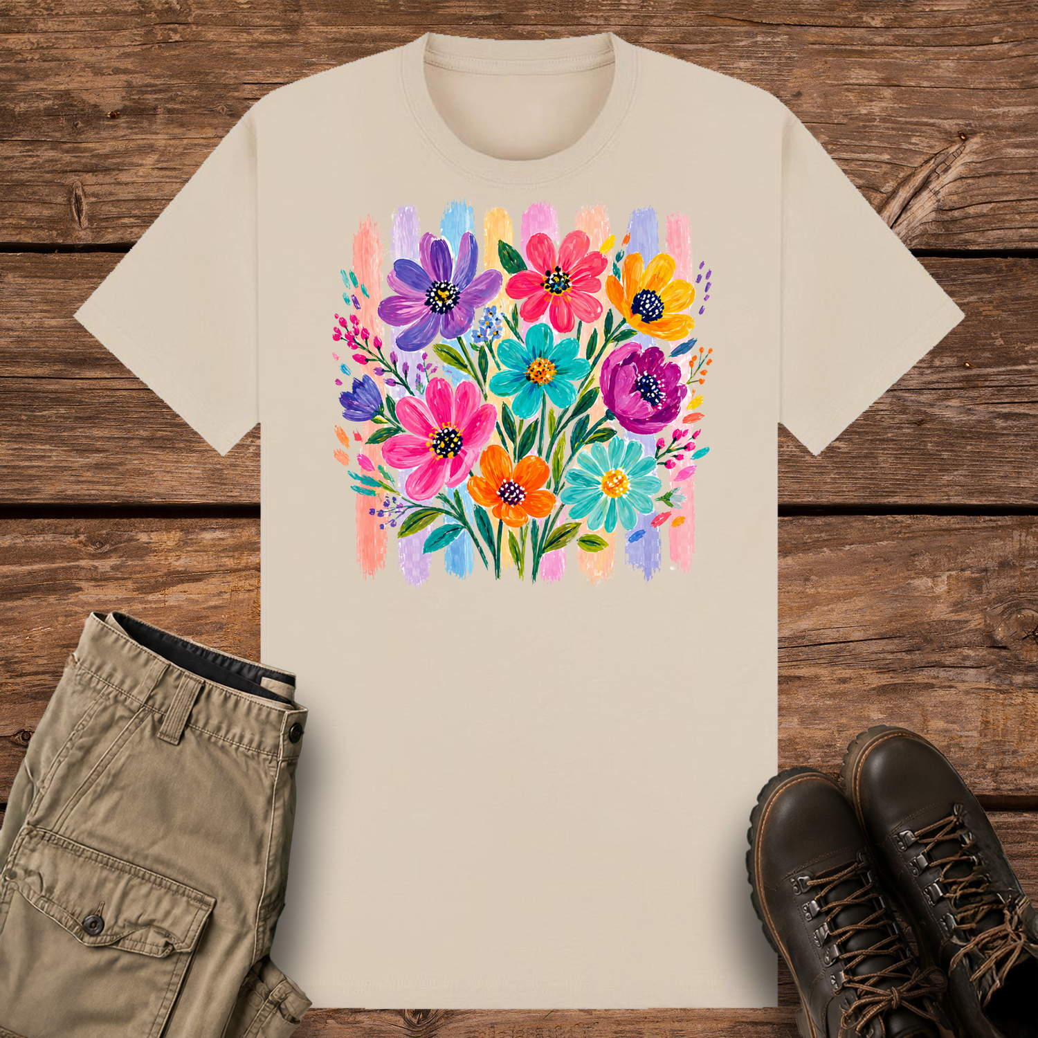 A sand graphic t-shirt featuring an artistic painted bouquet of vibrant pink, purple, teal, and orange wildflowers. The flowers are layered over a retro background of vertical pastel colored paint brushstrokes.