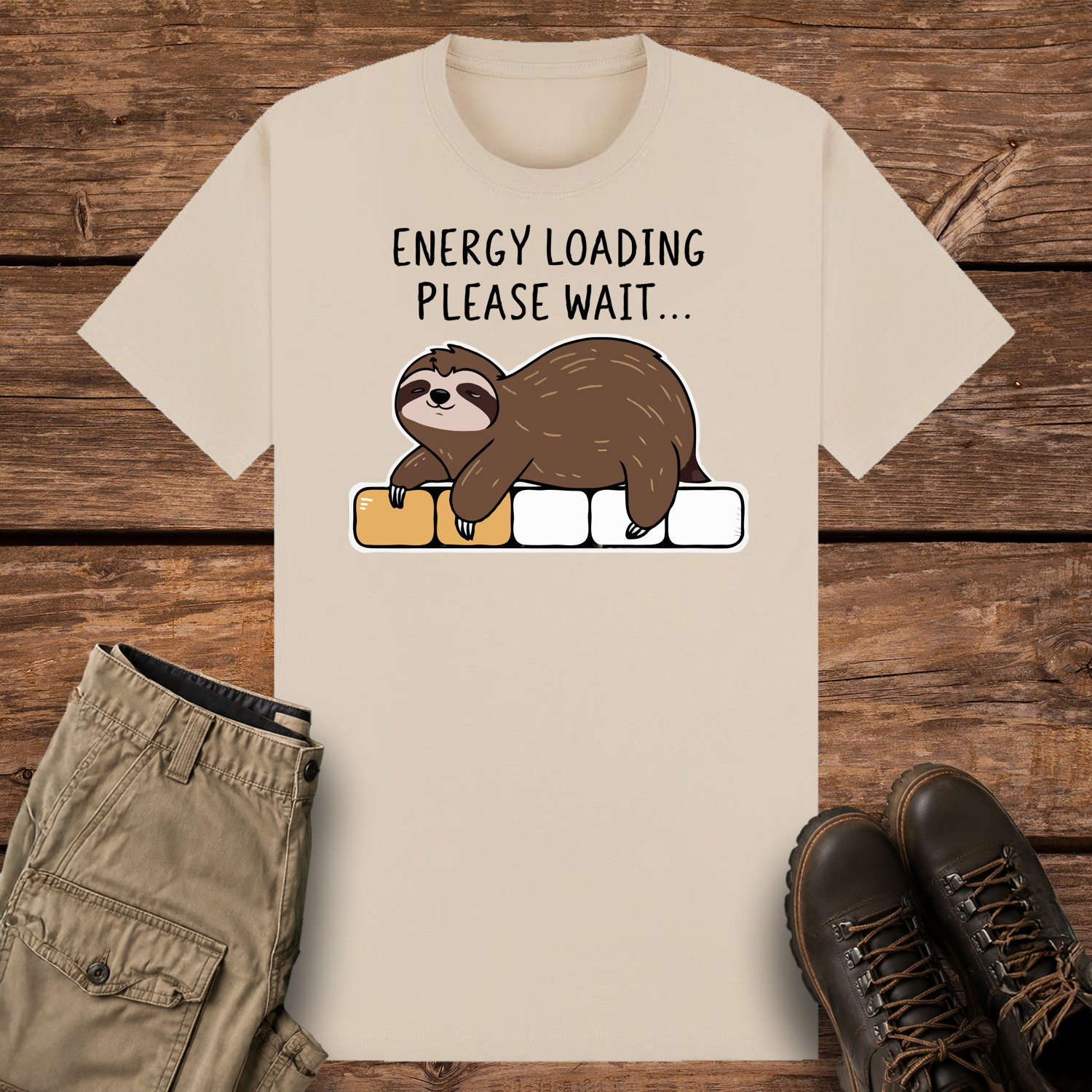 A sand-colored graphic t-shirt featuring a cute cartoon illustration of a brown sloth lying face down on a progress loading bar that is only partially filled with yellow. Above the design, black text reads "ENERGY LOADING PLEASE WAIT..."